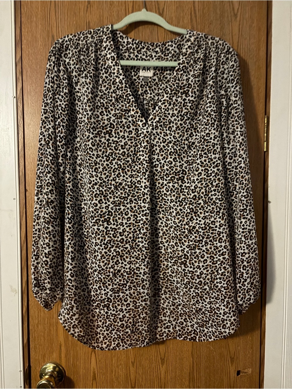 Anne Klein Beige and Black Leopard Print V-Neck Blouse
